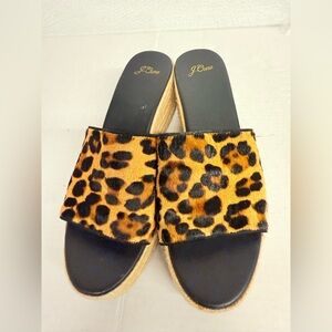 J. Crew Wedge Heel Sandals in Leopard Animal Print, Calf Hair Size 10